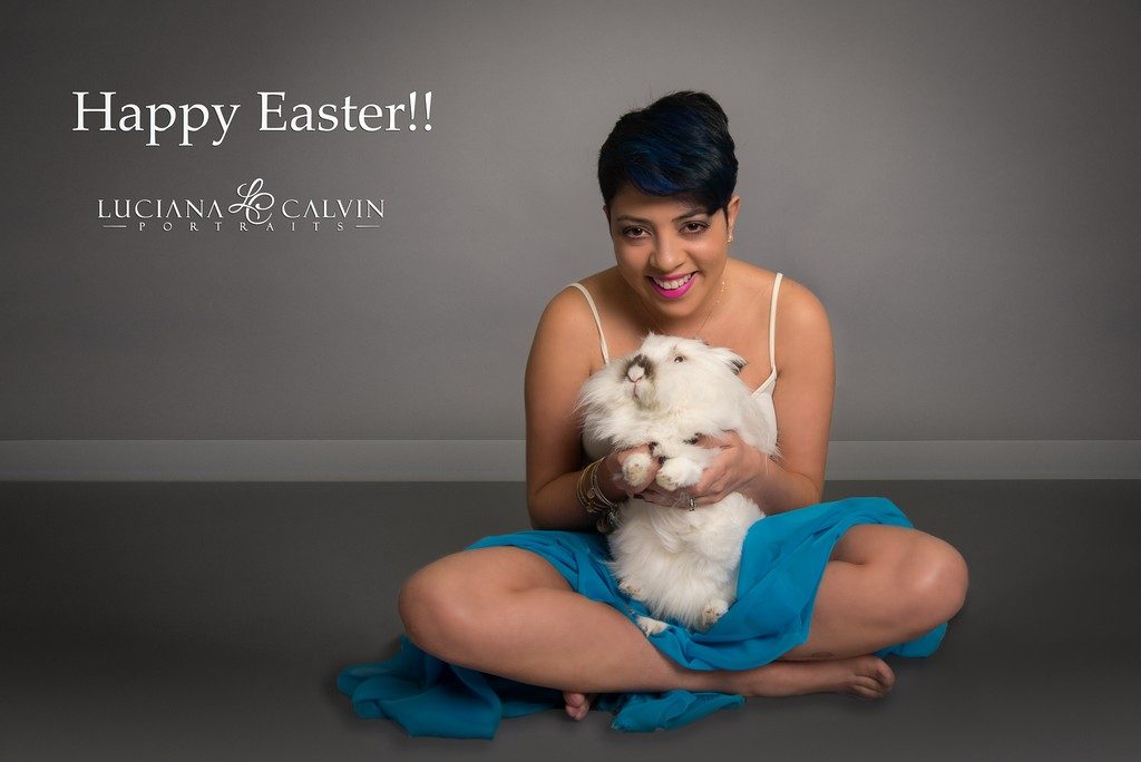 Woman and her bunny posing for photos before easter