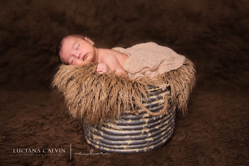 newborn sleeping on a basket on top of fur