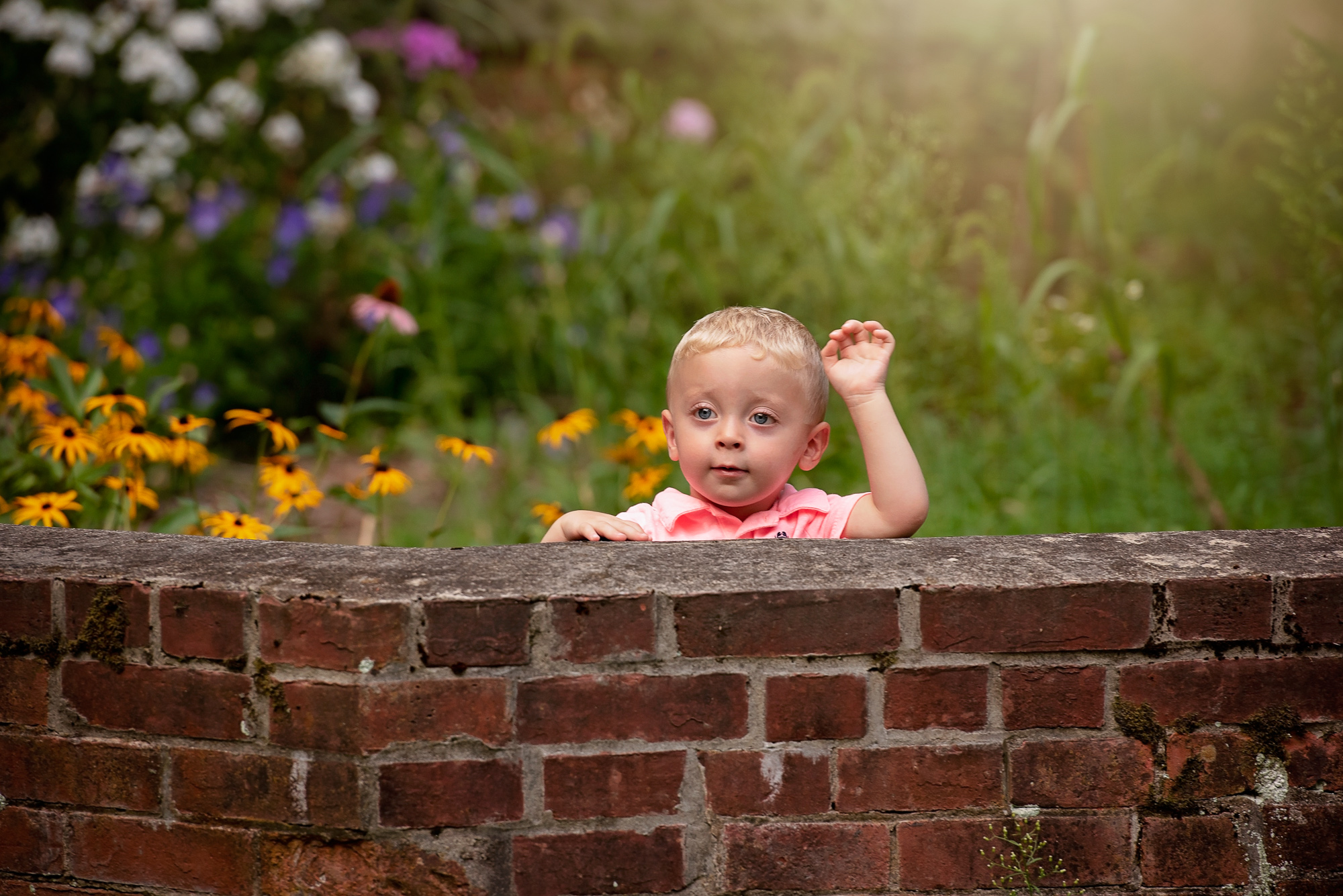 Toddler behind a brick garden wall