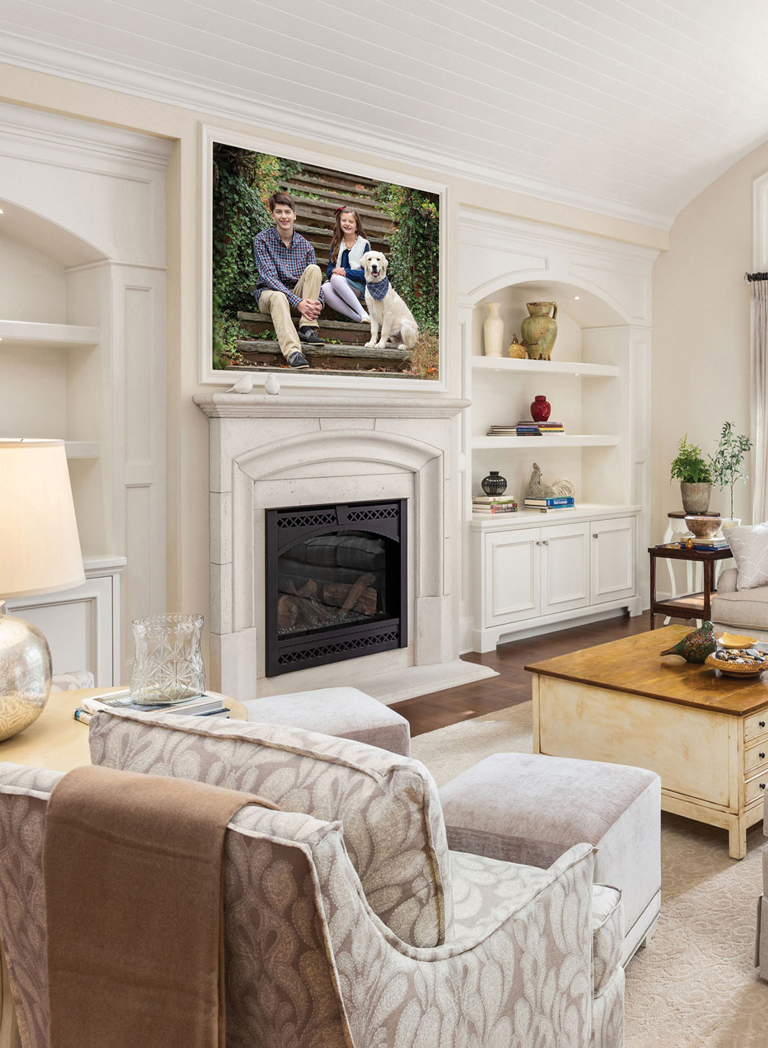 Large format family portrait wall art installed in living room — Luciana Calvin Photography Massachusetts