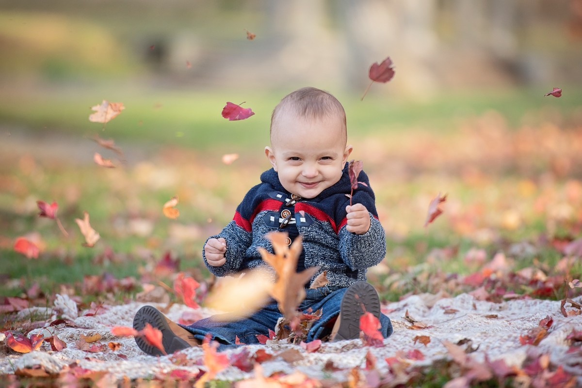 Baby boy sitting alone in a drift of red maple leaves throwing a handful into the air at Larz Anderson Park in Brookline MA